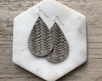 Leather Earrings- Tear Drop Stonewash Taupe Braided print. Hypoallergenic sterling silver hooks. Light weight earrings.