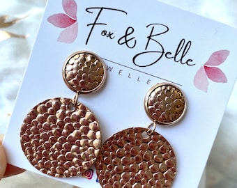 Large leather earrings in rose gold bubble with rose gold bubble leather stud. Rose gold stainless steel post. Hypoallergenic. 12mm stud.