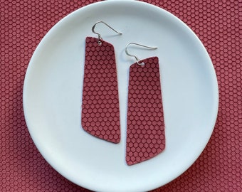 Leather earrings- The Nova in ruby honeycomb. White earrings. Light weight earrings. Hypoallergenic sterling silver hook.