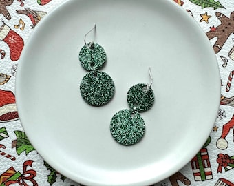 Green glitter leather dangle earrings. Green sparkle earrings. Festive earrings. Christmas earrings. Green earrings.