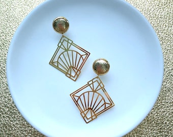 Leather stud earrings. Dangle earrings in geo deco. Art deco earrings. Gold earrings. Leather stud.