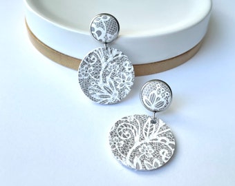 Large leather dangle earrings in white and beige lace. Stainless steel post. Hypoallergenic. Light weight earring. 12mm stud. Lace earrings.