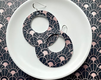 Leather earrings - The Eclipse in black and rose gold fanfare. Round earrings. Black earrings. Sterling silver hooks. Light weight earrings.