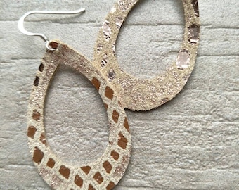 Leather Earrings- MINI Silhouette rose gold sparkle print. Hypoallergenic sterling silver hooks. Light weight earrings.