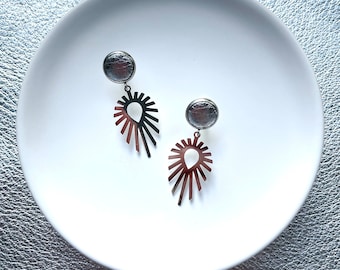 Dangle earrings- Silver sunset earrings with silver 10mm leather stud. Hypoallergenic stainless steel. Butterfly back. Leather earrings.
