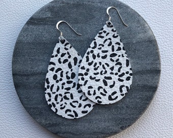 Leather Earrings- Tear Drop snow leopard print. Hypoallergenic sterling silver hooks. Light weight earrings.