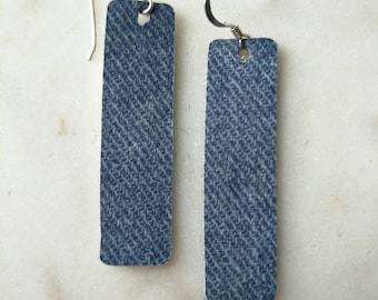 Leather earrings- Bar design in blue Jeans. Hypoallergenic sterling silver hooks. Light weight earrings. CLEARANCE!