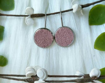 Leather Drop Studs in pink suede. Hypoallergenic surgical stainless steel bezel.