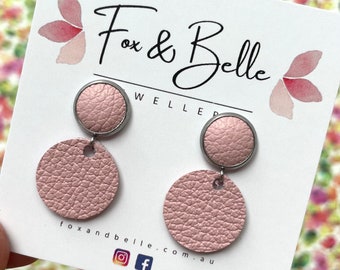 Small leather dangle earrings in pretty pink. Pink earrings. Stainless steel. Light weight. Small version- 10mm stud 16mm circle