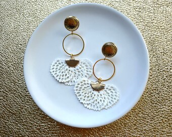 Leather earrings- golden hoop dangle earrings in white. Stainless steel gold stud with floral detail. Gold earrings. Light weight.