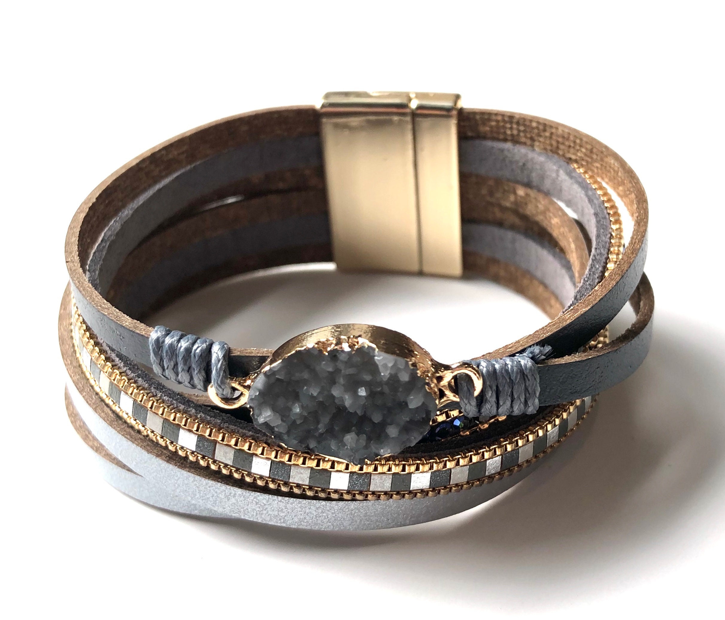Leather bracelet with grey stone. Multiple strand. leather