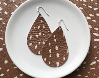 Leather Earrings- Tear Drop caramel splash print. Hypoallergenic sterling silver hooks. Light weight earrings.