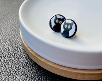 Leather studs in black cat print. Halloween earrings. Cat earrings. Hypoallergenic surgical stainless steel bezel. Butterfly back.