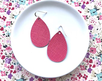 Leather Earrings- Mini Drop in pink weave print. Hypoallergenic sterling silver hooks. Light weight earrings.