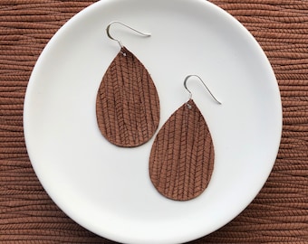 Leather Earrings- Mini Drop Bamboo Weave in pecan print. Hypoallergenic sterling silver hooks. Light weight earrings.