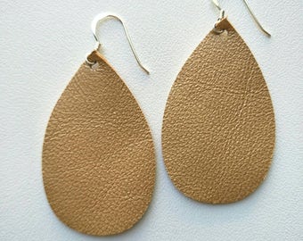Leather Earrings- Mini Drop in pearlised gold print. Hypoallergenic sterling silver hooks. Light weight earrings.