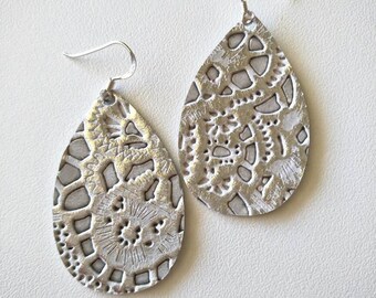 Leather Earrings- Mini Drop in silver lace print. Hypoallergenic sterling silver hooks. Light weight earrings.