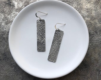 Leather earrings- Bar design in antique silver. Hypoallergenic sterling silver hooks. Light weight earrings.