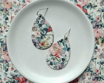 Cork Earrings with leather backing- Mini Drop in rose watercolour . Hypoallergenic sterling silver hooks. Light weight earrings.