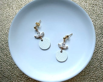Cubic zirconia dangle earrings in gold and white. Bling earrings. Crystal earrings. Gem earrings. Light weight earrings. Leather earrings.
