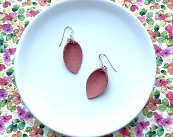 Small leaf drop earrings in peach. Tiny tear drop. Tiny leaf earrings. Peach earrings. Leather earrings. Leather dangles. Light earrings.