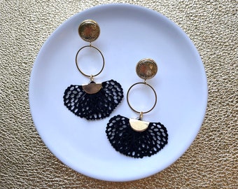 Leather earrings- golden hoop dangle earrings in black. Stainless steel gold stud with floral detail. Gold earrings. Light weight.