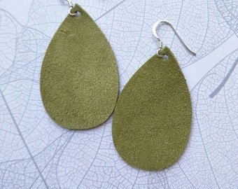 Leather Earrings- Mini Drop in olive green suede print. Hypoallergenic sterling silver hooks. Light weight earrings.
