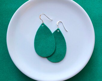 Leather Earrings- Mini Drop in emerald green suede print. Hypoallergenic sterling silver hooks. Light weight earrings.
