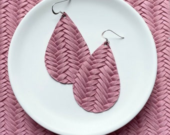 Leather Earrings- Tear Drop Pink Braided print. Hypoallergenic sterling silver hooks. Light weight earrings.