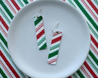 Leather earrings- Bar design in candy cane. Hypoallergenic sterling silver hooks. Light weight earrings. Red earrings. Christmas earrings.