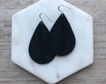 Leather Earrings- Tear Drop Black Braided print. Hypoallergenic sterling silver hooks. Light weight earrings.