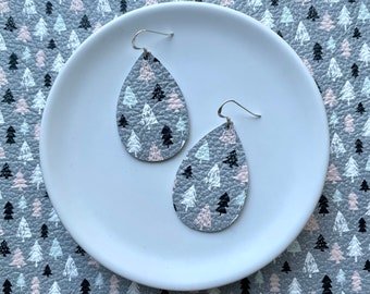 Leather Earrings- Mini Drop in Christmas trees in the snow. Christmas earrings. Hypoallergenic sterling silver hooks. Light weight earrings.