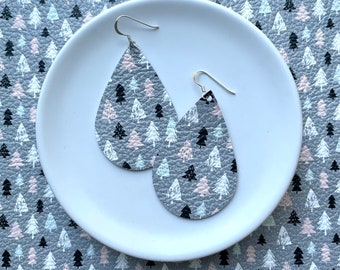 Leather Earrings- Tear Drop in Christmas trees in the snow. Christmas earrings. Hypoallergenic sterling silver hooks. Light weight earrings.