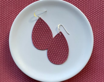Leather Earrings- Mini Drop in ruby honeycomb print. Hypoallergenic sterling silver hooks. Light weight earrings.