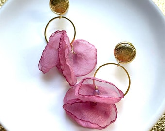 Leather earrings- dangle earrings in blush poppy. Floral earrings. Flower earrings. 10mm gold leather stud. Light weight earrings.