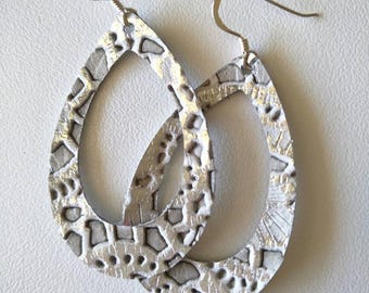 Leather Earrings- MINI Silhouette silver lace print. Hypoallergenic sterling silver hooks. Light weight earrings.
