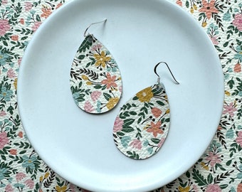 Leather Earrings- Mini Drop in garden blooms print. Hypoallergenic sterling silver hooks. Light weight earrings. Floral earrings.