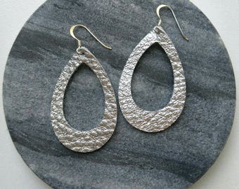 Leather Earrings- MINI Silhouette silver print. Hypoallergenic sterling silver hooks. Light weight earrings.