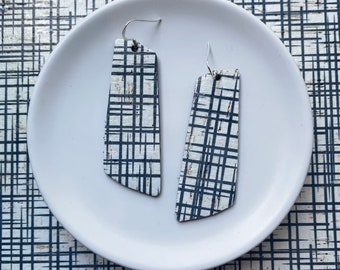 Cork earrings with leather backing- The Nova in slate grey check. Light weight earrings. Hypoallergenic sterling silver hook.