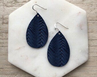 Leather Earrings- Mini Drop in Navy Blue Braided print. Hypoallergenic sterling silver hooks. Light weight earrings.