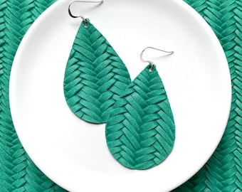 Leather Earrings- Tear Drop Emerald Braided print. Hypoallergenic sterling silver hooks. Light weight earrings. Green earrings.