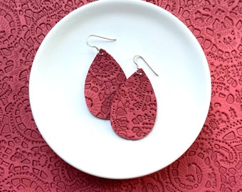 Leather Earrings- Mini Drop in magenta lace print. Hypoallergenic sterling silver hooks. Light weight earrings.