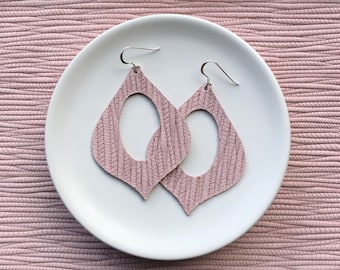 Leather Earrings- Genie shape Bamboo Weave in blush pink. Hypoallergenic sterling silver hooks. Light weight earrings.