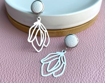 White tulip dangle earrings with 10mm leather stud. Hypoallergenic stainless steel. White dangle earrings. Butterfly back. Flower earrings.