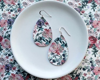 Leather Earrings- Mini Drop in rose  watercolour print. Hypoallergenic sterling silver hooks. Light weight earrings. Floral earrings