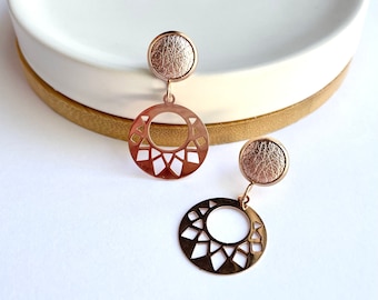 Rose gold geo dangle earrings with 10mm rose gold leather stud. Hypoallergenic stainless steel. Rose gold earrings.