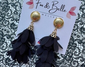 Dangle earrings- cascade bloom in black. Stunning gold leather stud in stainless steel with soft fabric petals. light weight hypoallergenic