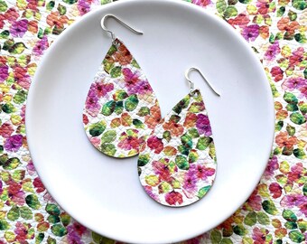 Leather Earrings- Tear Drop in summer blooms print. Floral earrings. Hypoallergenic sterling silver hooks. Light weight earrings.