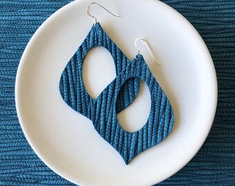 Leather Earrings- Genie shape Bamboo Weave in teal. Hypoallergenic sterling silver hooks. Light weight earrings.
