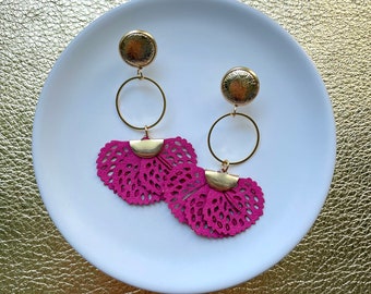 Leather earrings- golden hoop dangle earrings in rose pink. Stainless steel gold stud with floral detail. Gold earrings. Light weight.